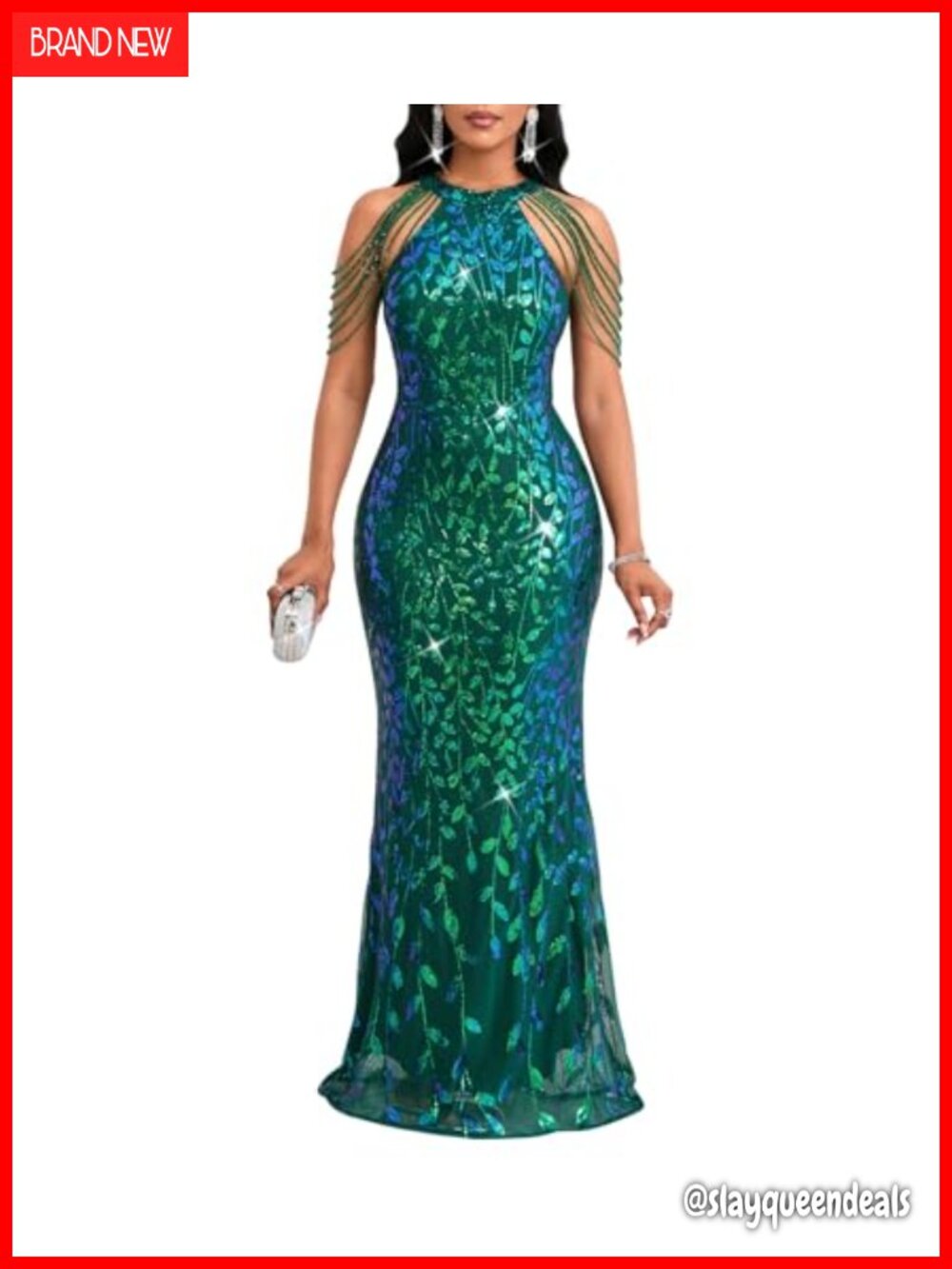 Sequin Halter Tassel Mermaid Formal Maxi Dress Evening Gown